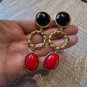 Unique Vintage Gold, Black, and Red Earrings